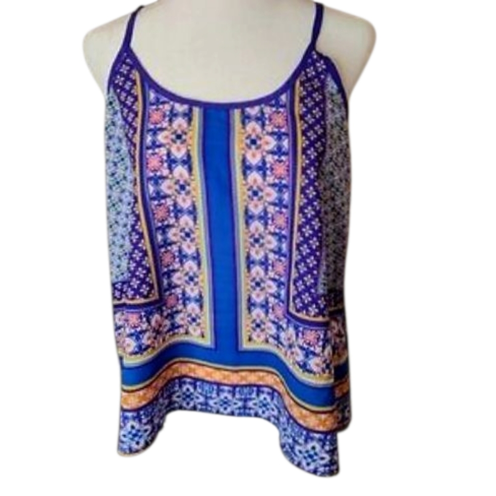 Between Me And You Vibrant Blue and Pink Halter Sheath‎ Tank Top Size: Medium